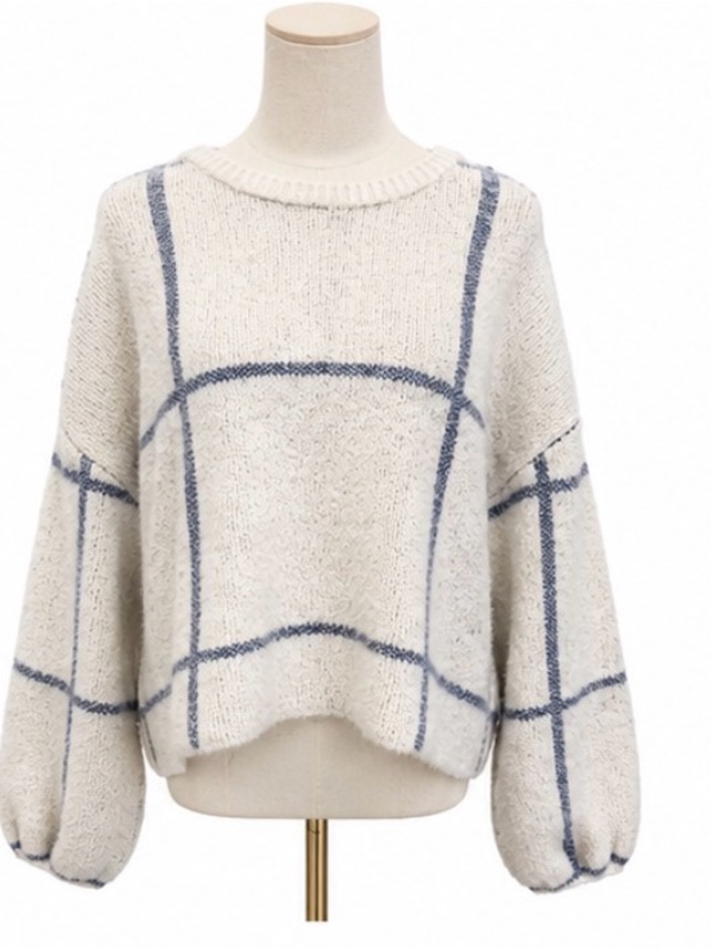 Z Supply Cream Windowpane Crewneck Sweater with Blue Grid